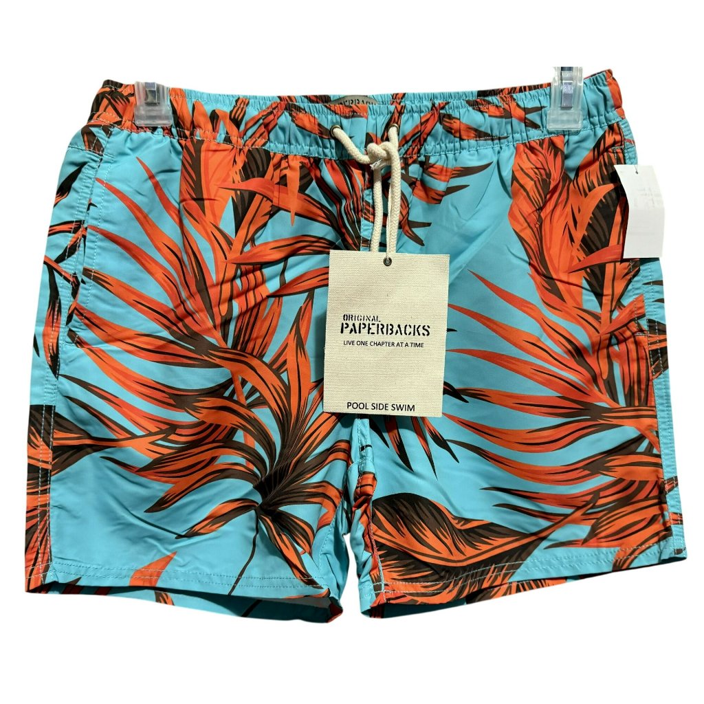 Mens Original Paperbacks Waikiki Volley Swim Trunks Turquoise & Orange Sz L